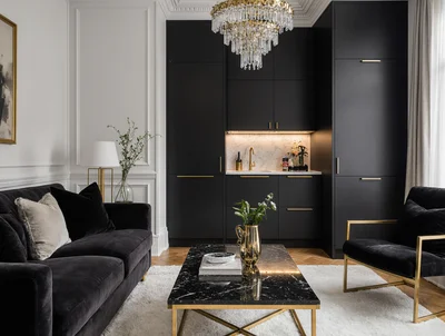 Salon z otwartą kuchnią w stylu Glamour - złoty fotel i czarna sofa